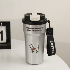 Cute Cat & Dog Design Insulated Coffee Cup for Women, Stylish 2-in-1 Straw & Direct Drink Portable Stainless Steel Thermos Water Bottle - 图片 2