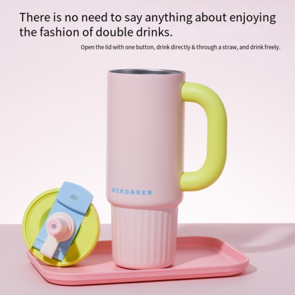 未命名1 Oversized Straw Insulated Tumbler, Stylish Large Capacity Ceramic Liner Cold-Retaining Ice Mug Car-Friendly Giant Insulated Thermo Cup Bottle Water