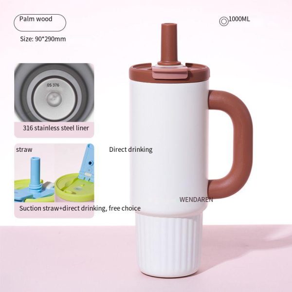 棕榈木【不锈钢内胆】 Oversized Straw Insulated Tumbler, Stylish Large Capacity Ceramic Liner Cold-Retaining Ice Mug Car-Friendly Giant Insulated Thermo Cup Bottle Water