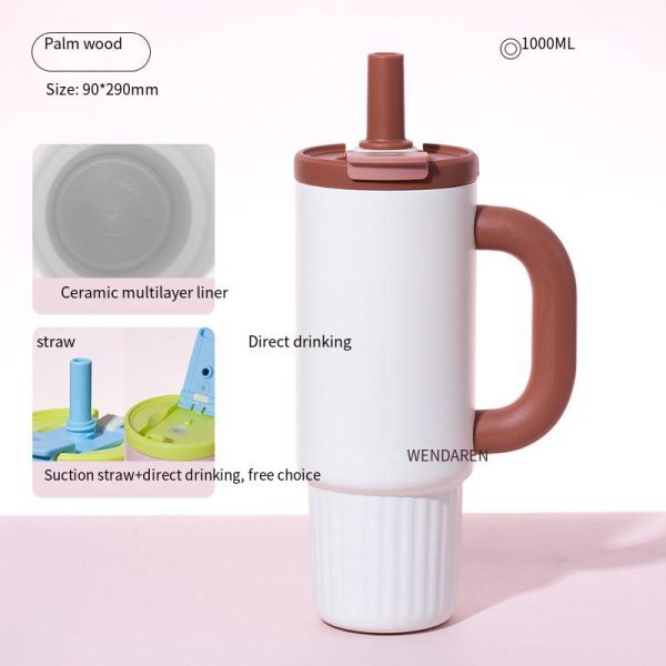 棕榈木【陶瓷内胆】 Oversized Straw Insulated Tumbler, Stylish Large Capacity Ceramic Liner Cold-Retaining Ice Mug Car-Friendly Giant Insulated Thermo Cup Bottle Water