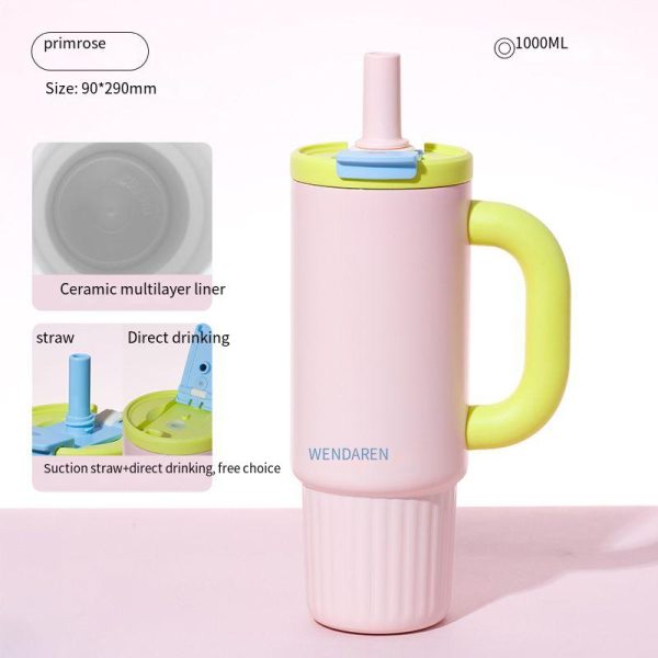 樱草色【陶瓷内胆】 Oversized Straw Insulated Tumbler, Stylish Large Capacity Ceramic Liner Cold-Retaining Ice Mug Car-Friendly Giant Insulated Thermo Cup Bottle Water