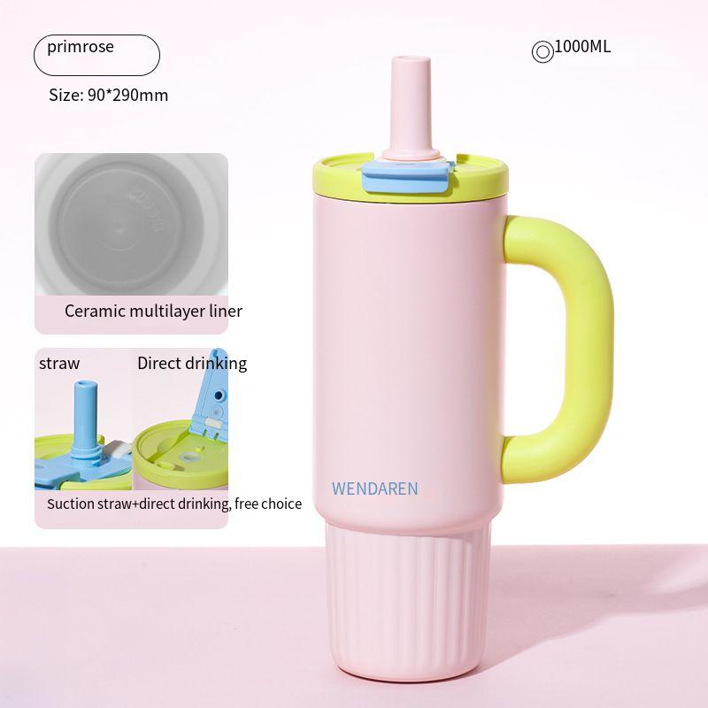 Oversized Straw Insulated Tumbler, Stylish Large Capacity Ceramic Liner Cold-Retaining Ice Mug Car-Friendly Giant Insulated Thermo Cup Bottle Water - 图片 12