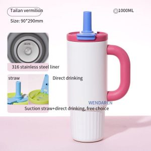 Oversized Straw Insulated Tumbler, Stylish Large Capacity Ceramic Liner Cold-Retaining Ice Mug Car-Friendly Giant Insulated Thermo Cup Bottle Water - 图片 13