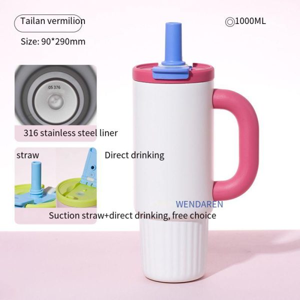 泰蓝朱红【不锈钢内胆】 Oversized Straw Insulated Tumbler, Stylish Large Capacity Ceramic Liner Cold-Retaining Ice Mug Car-Friendly Giant Insulated Thermo Cup Bottle Water