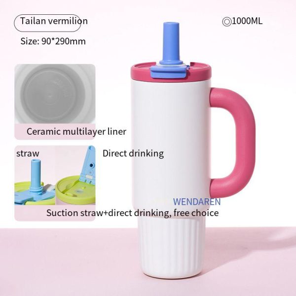 泰蓝朱红【陶瓷内胆】 Oversized Straw Insulated Tumbler, Stylish Large Capacity Ceramic Liner Cold-Retaining Ice Mug Car-Friendly Giant Insulated Thermo Cup Bottle Water