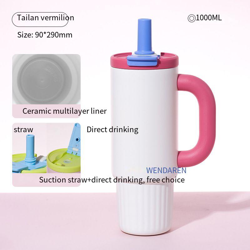 Oversized Straw Insulated Tumbler, Stylish Large Capacity Ceramic Liner Cold-Retaining Ice Mug Car-Friendly Giant Insulated Thermo Cup Bottle Water - 图片 14