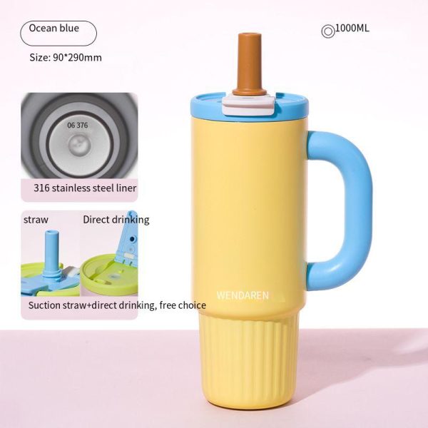 海洋蓝【不锈钢内胆】 Oversized Straw Insulated Tumbler, Stylish Large Capacity Ceramic Liner Cold-Retaining Ice Mug Car-Friendly Giant Insulated Thermo Cup Bottle Water