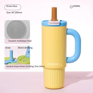 Oversized Straw Insulated Tumbler, Stylish Large Capacity Ceramic Liner Cold-Retaining Ice Mug Car-Friendly Giant Insulated Thermo Cup Bottle Water - 图片 8