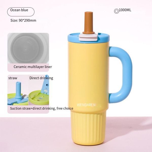 海洋蓝【陶瓷内胆】 Oversized Straw Insulated Tumbler, Stylish Large Capacity Ceramic Liner Cold-Retaining Ice Mug Car-Friendly Giant Insulated Thermo Cup Bottle Water