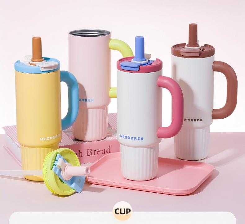 Oversized Straw Insulated Tumbler, Stylish Large Capacity Ceramic Liner Cold-Retaining Ice Mug Car-Friendly Giant Insulated Thermo Cup Bottle Water - 图片 1