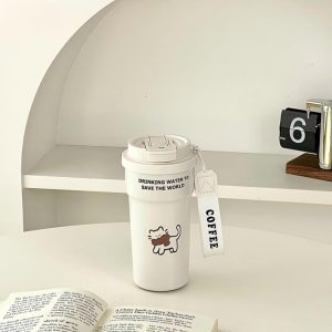 Cute Cat & Dog Design Insulated Coffee Cup for Women, Stylish 2-in-1 Straw & Direct Drink Portable Stainless Steel Thermos Water Bottle - 图片 6