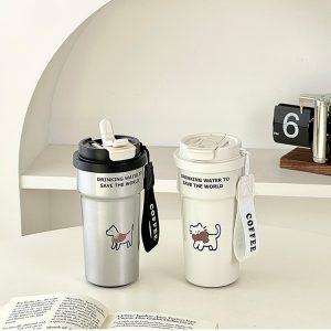 Cute Cat & Dog Design Insulated Coffee Cup for Women, Stylish 2-in-1 Straw & Direct Drink Portable Stainless Steel Thermos Water Bottle - 图片 5