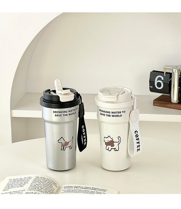 详情_16 Cute Cat & Dog Design Insulated Coffee Cup for Women, Stylish 2-in-1 Straw & Direct Drink Portable Stainless Steel Thermos Water Bottle
