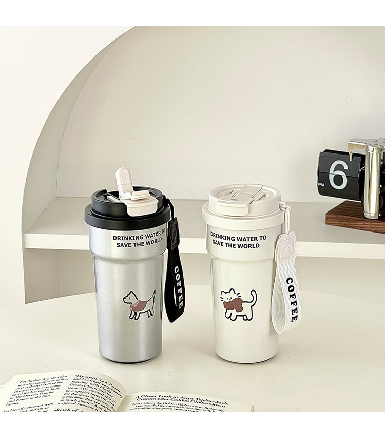 Cute Cat & Dog Design Insulated Coffee Cup for Women, Stylish 2-in-1 Straw & Direct Drink Portable Stainless Steel Thermos Water Bottle - 图片 5